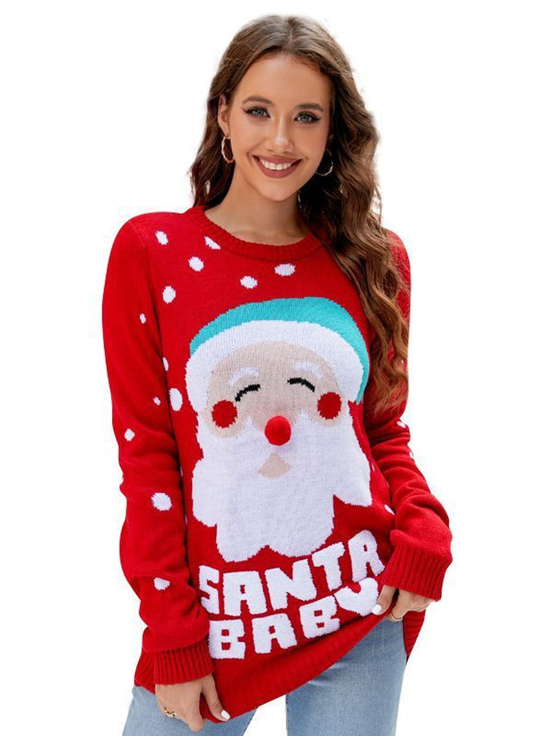 Women'S Tops Santa Pullover Sweater Autumn and Winter Letter Embroidery Christmas Red Sweaters Long Sleeve Crew Neck Clothes