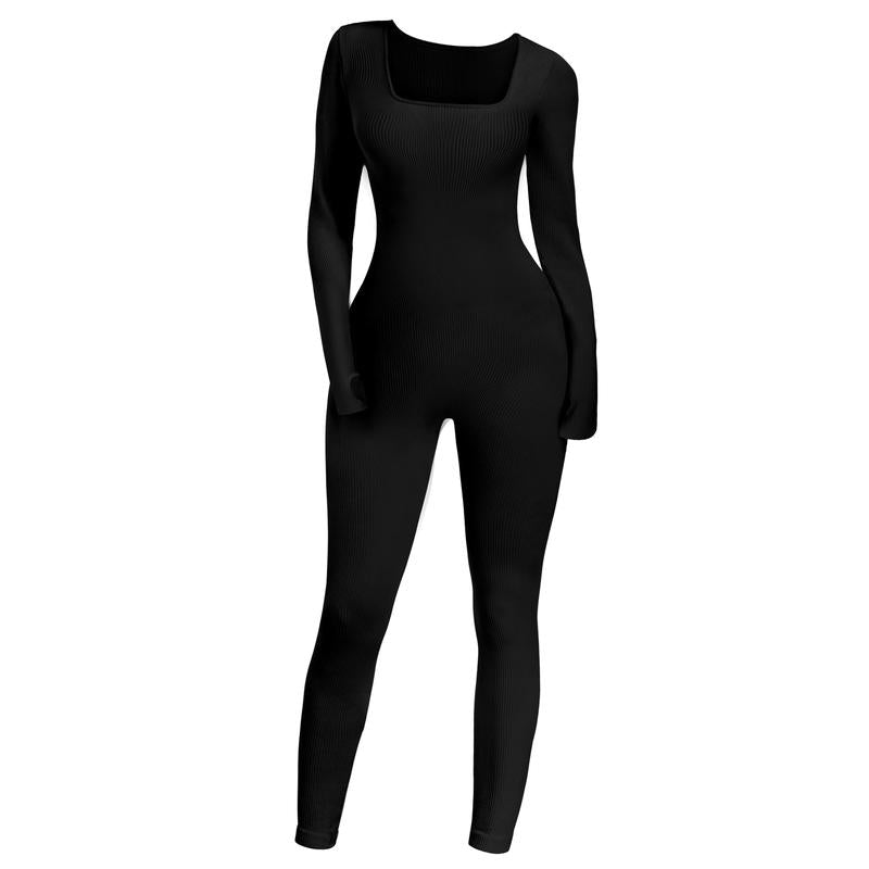 Sese Code Women'S Solid Ribbed Long Sleeve Jumpsuits with Thumbhole Yoga Workout Sport Jumpsuit